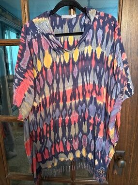 Earthbound Trading Co Womens Tie Dye Hooded Poncho Fringe Purple Pink OSFM